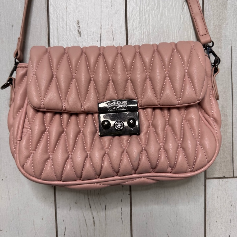 BADGLEY MISCHKA Pink Quilted Vegan Leather Cross Body Purse Adjustable Strap